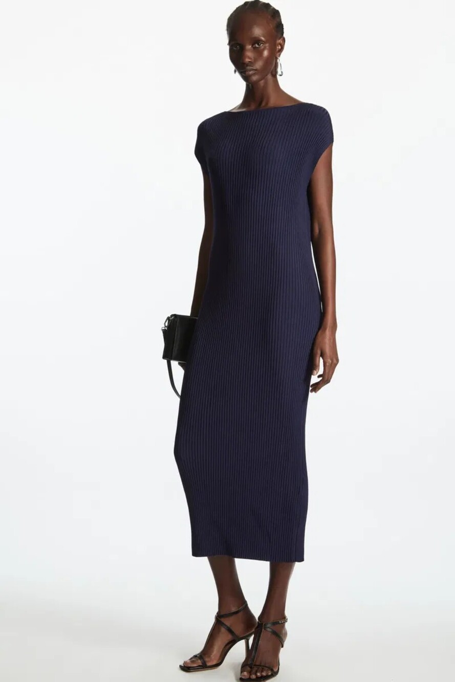 COS Boat Neck Ribbed Maxi Dress in Navy Blue Size Small Like New